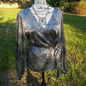 Leopard satin feeling wrap blouse with tie
